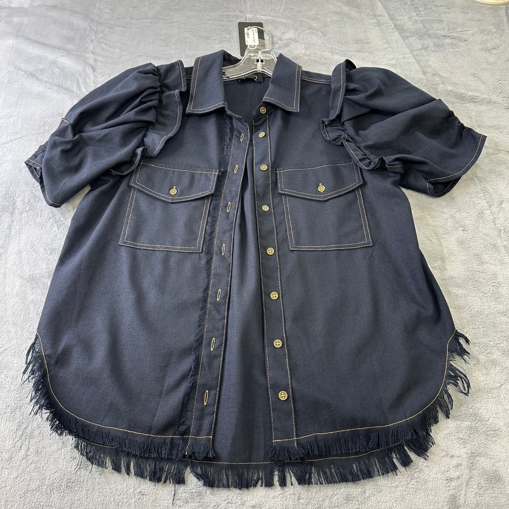 GIGIO USA Navy Linen Blend Puff Sleeve Frayed Hem Button Down Shirt TE1064 Small